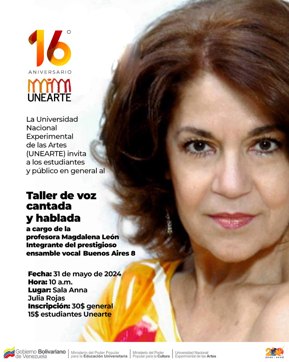 *TALLER DE VOZ CANTADA Y HABLADA*
Dictado por la maestra *Magdalena León* (Argentina), integrante del Ensamble Buenos Aires 8.

 ¡Participa!