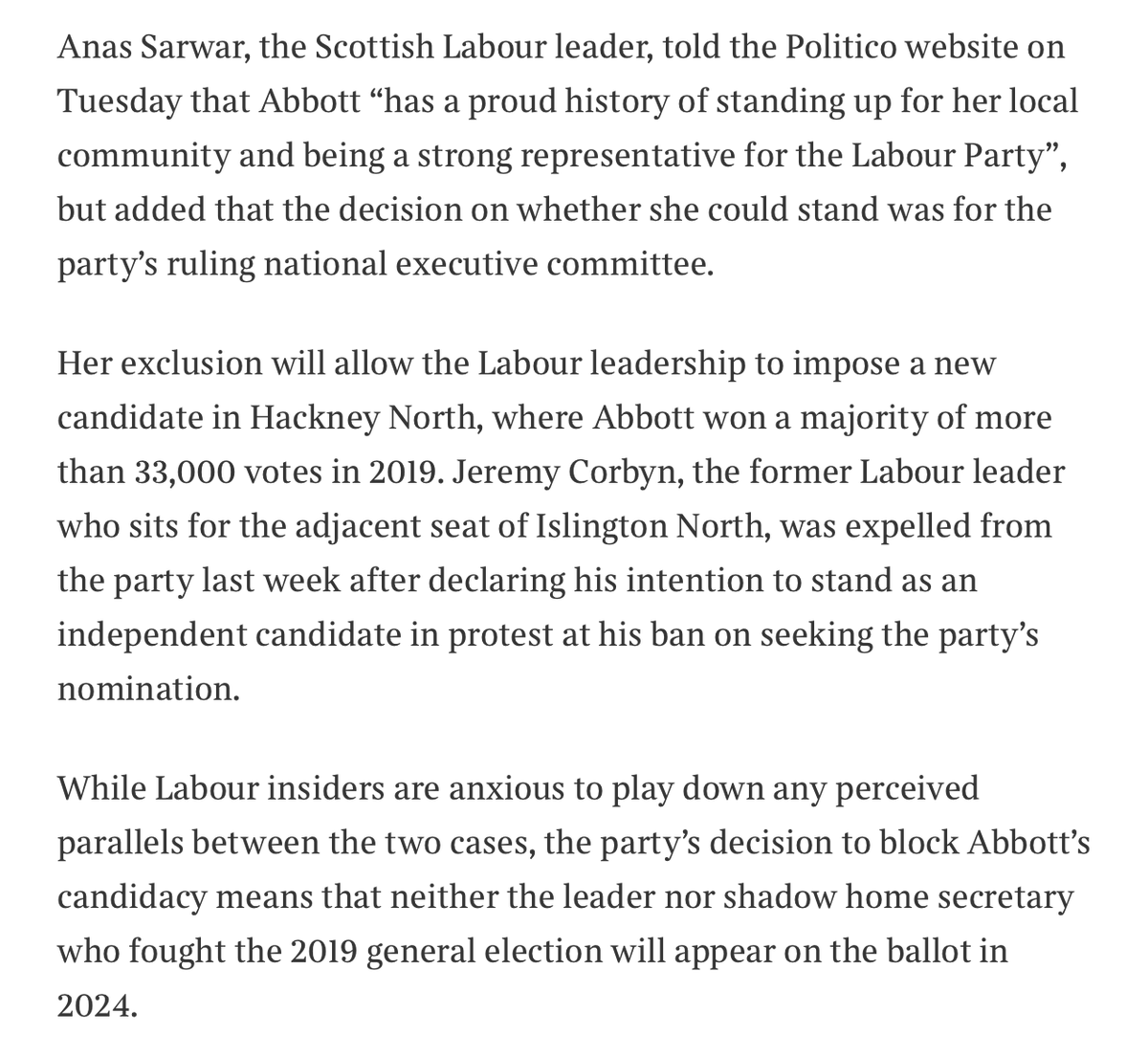 No surprise that Starmer would leak Diane Abbott's defenestration to a Murdoch newspaper, though it is jarring to see even the Times hack acknowledge that Abbott's constituents will now have a right-wing Labour MP 'imposed' on them by 'the Labour leadership'