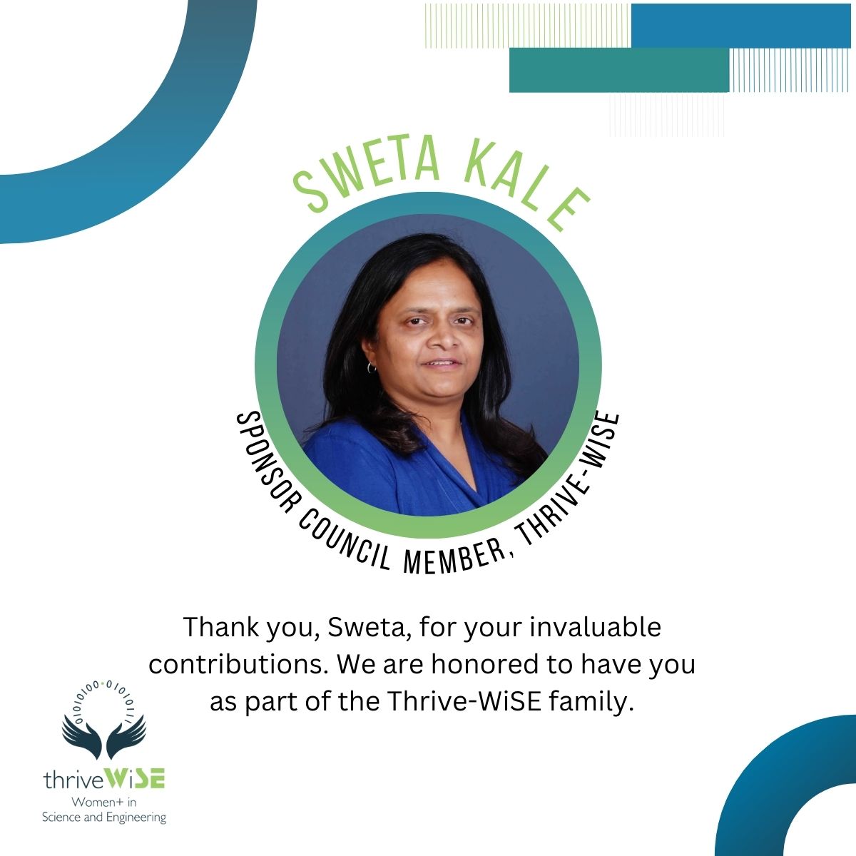 Thrive_WiSE_Org's tweet photo. We'd like to extend our deep gratitude to Sweta Kale, Sr. Director of SW Engineering at @NetApp, for her invaluable contributions as a member of @Thrive_WiSE_Org's Sponsor Council. 

#WomenInTech #WomenInSTEM #WomenEngineers #TechAlly #TechLeadership https://t.co/zhE5YydjTt
