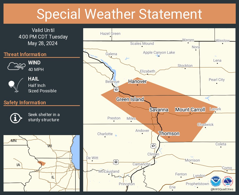 A special weather statement has been issued for Savanna IL, Mount Carroll IL and Hanover IL until 4:00 PM CDT