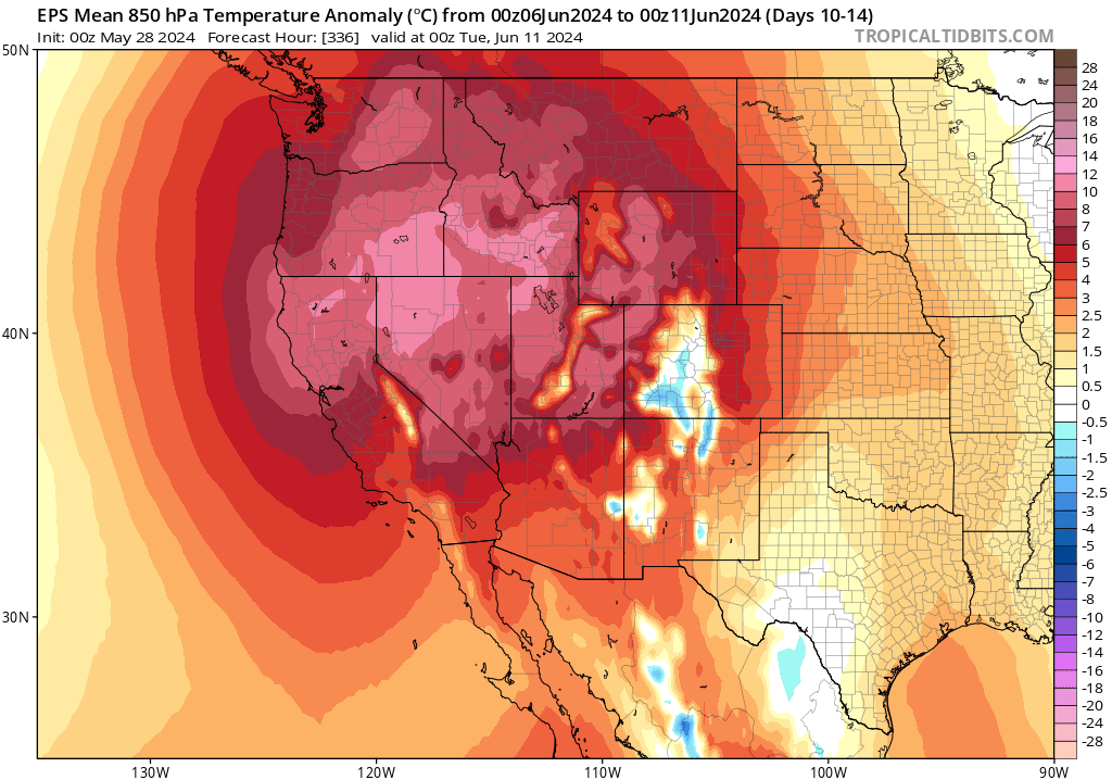 Weather_West's tweet photo. Rather strong inter-model ensemble agreement at the moment regarding the growing possibility of a significant and potentially prolonged heatwave across most of the Western U.S. starting around Jun 5-6 as strong/broad ridge builds. Details TBD. #CAwx #CAfire https://t.co/JF58bWr6Z3