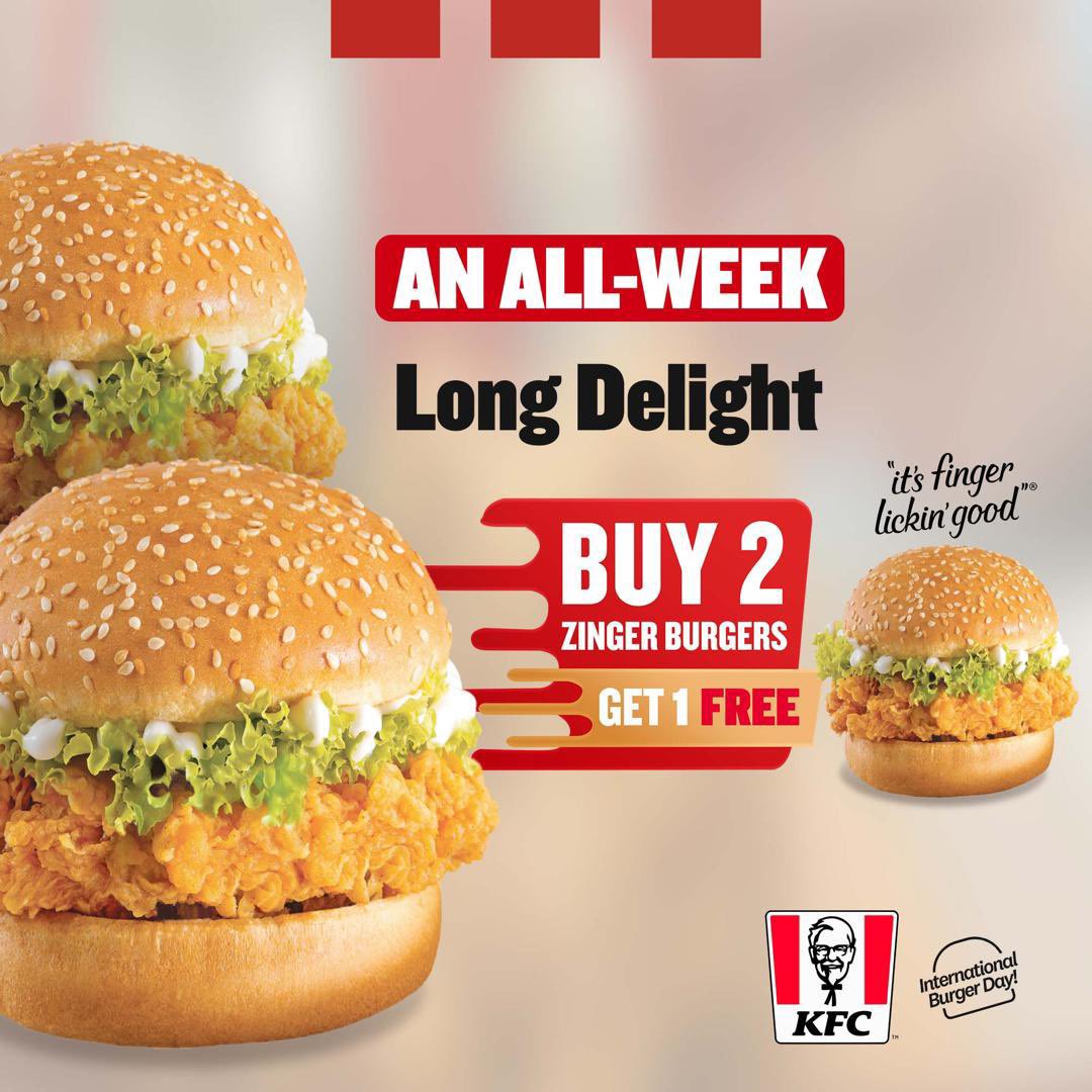 Burger Lovers! The international burger week is still on.

Buy 2 KFC Zinger Burgers 🍔 get one free
#KFCBurgerFest #InternationalBurgerDay