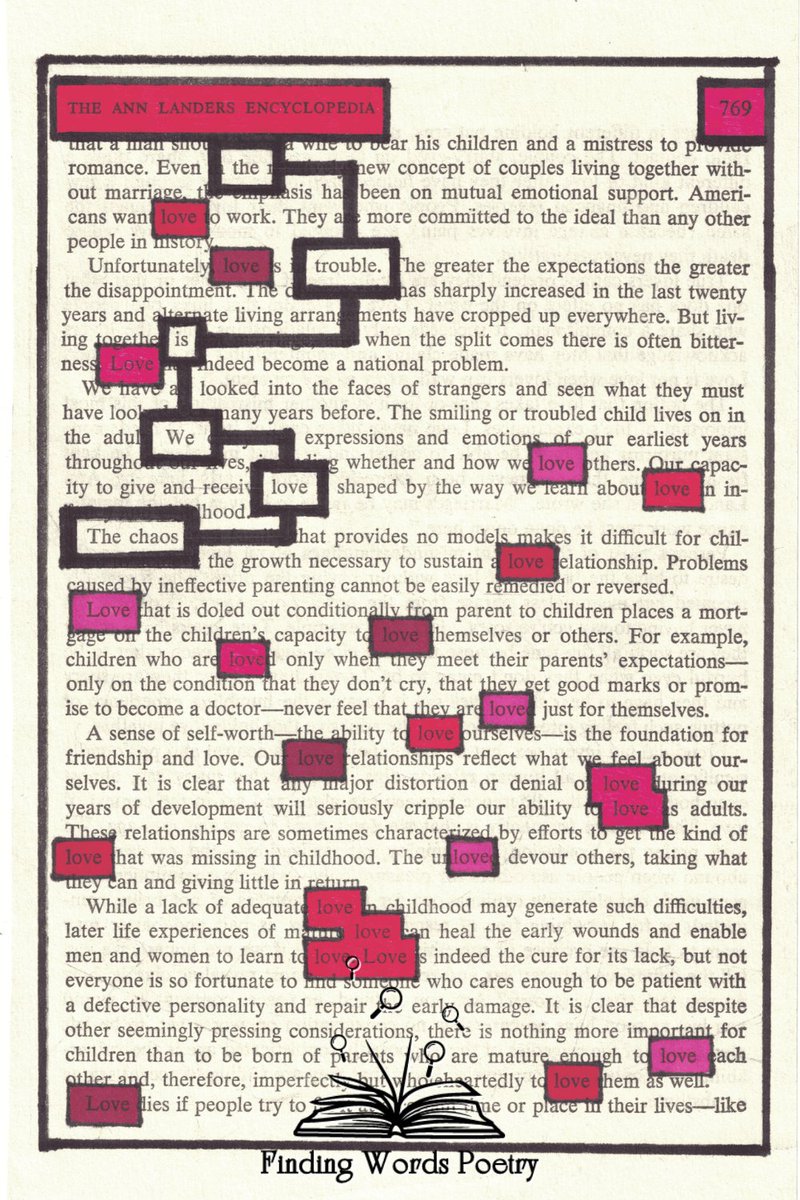 foundwordspoet's tweet photo. "The trouble is we love the chaos. Love love love love love love love..."

Found: The Ann Landers Encyclopedia Vol II ©️ 1978, p. 769

#blackoutpoetry #foundpoem #poem #poetry #poetrylovers #poet #poetrycommunity #writingcommunity #visualpoetry https://t.co/A27GZzqLj7