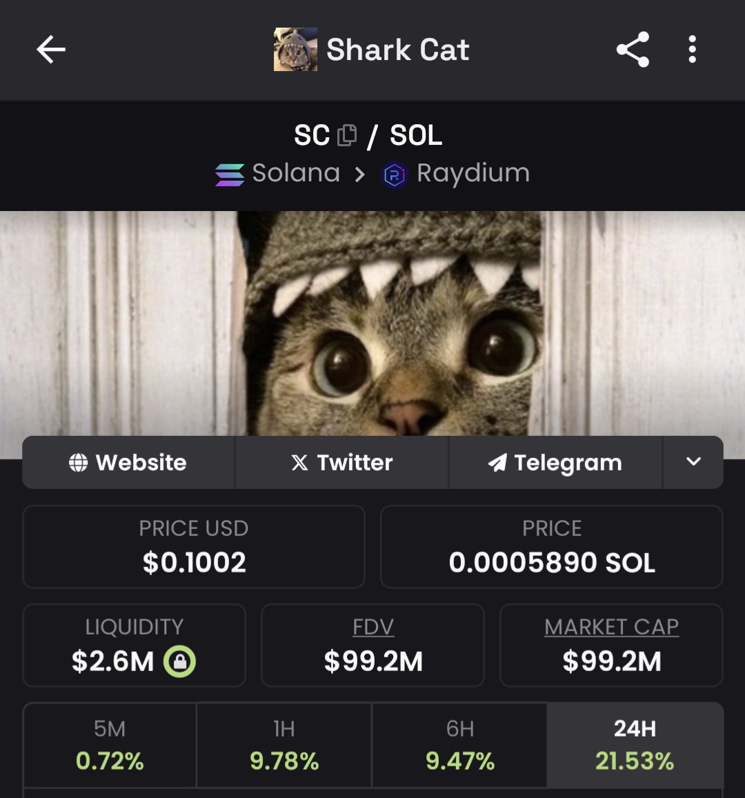 10c $SC, oh how we've missed you 🦈🐱!! 

The cat is, and always has been, a mf shark!!

Just getting started.

#finsup #solanasummer