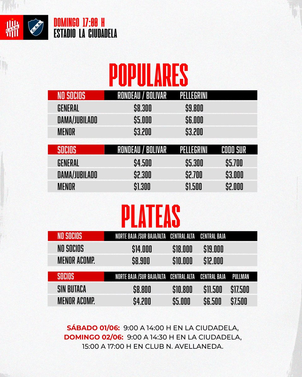 🔴⚪️ #PrimeraNacional VENTA DE ENTRADAS 🎫 Los socios y socias pueden continuar comprando sus entradas a través de la web: socios.casmt.ar. Por su parte, las entradas físicas para el público en general se podrán adquirir en los siguientes puntos: 🏟 La Ciudadela ●