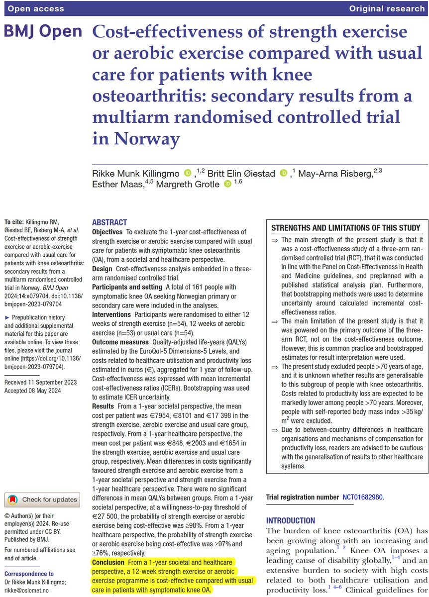 Cost-effectiveness of strength exercise or aerobic exercise compared with usual care for patients with knee osteoarthritis: secondary results from a multiarm randomised controlled trial in Norway 👇👇👇 bmjopen.bmj.com/content/14/5/e…