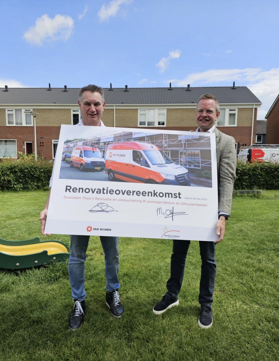 Een mooi moment, ondertekening van de Renovatieovereenkomst <a href="/Wierdenenborgen/">Wierdenenborgen</a> en <a href="/VanWijnenGroep/">Van Wijnen</a> . 
Betreft Duurzaam Thuis 2 de verduurzaming van 81 woningen in Bedum en Uithuizermeeden. <a href="/EvertvdHelm/">Evert </a> <a href="/MeisErwin/">Erwin Meis</a> en hun team gaan er weer een mooi project van maken!