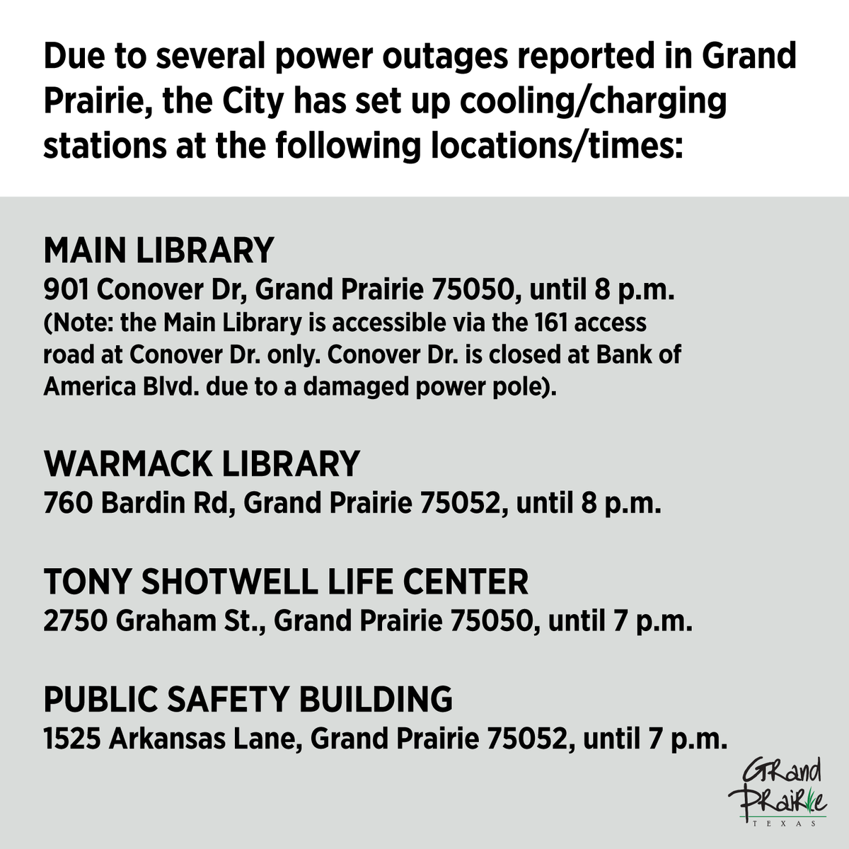 Due to several power outages reported, the City has set up cooling/charging stations at the following locations:

Warmack Library | Open until 8 p.m.
Tony Shotwell Life Center | Open until 7 p.m.
Public Safety Building | Open until 7 p.m. 
Main Library | Open until 8 p.m.