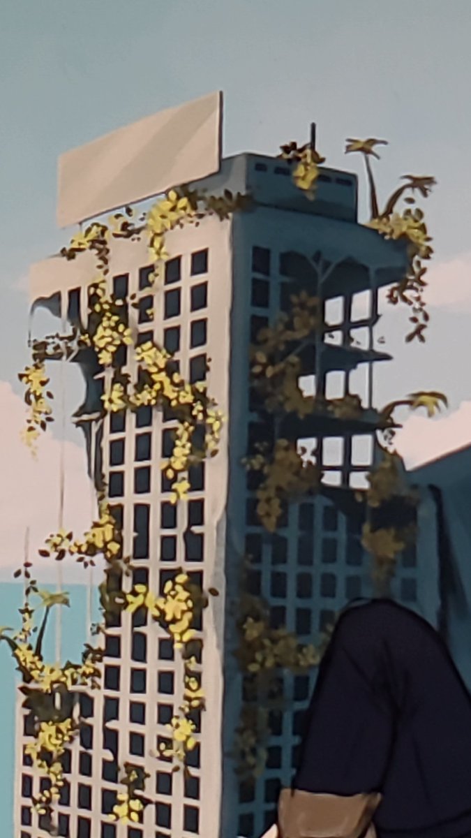 I'm continuing a Jeankasa piece rn  and they're so much fun to draw! 

It's post-apocalyptic themed, here's a WIP of the background. 

Any ideas on the ad sign on top??