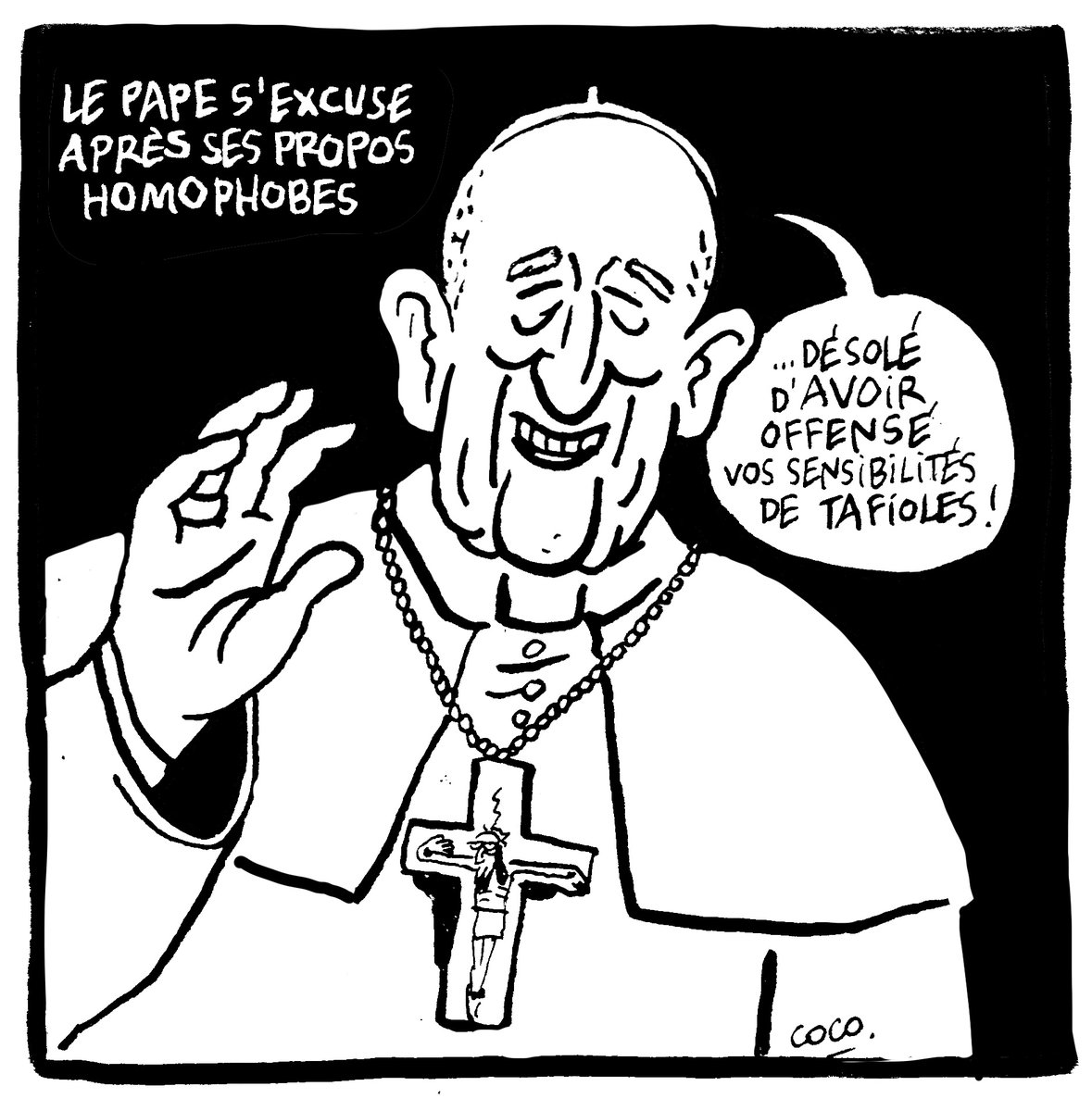 🗣️ Le pape s'excuse après ses propos homophobes. ✏️ Le dessin du jour de @cocoboer.
