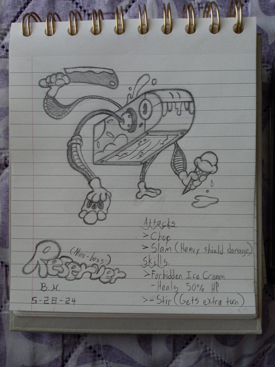 Bkenhopper's tweet image. Got an enemy turned mini boss. The Reserver is a malfunctioning robot originally made to be a self-propelled ice cream machine. Unfortunately, its now the pet for the leader of the Skullcap crew
#reserver #robot #miniboss #Bken #sketchbook #COW #CartoonArt