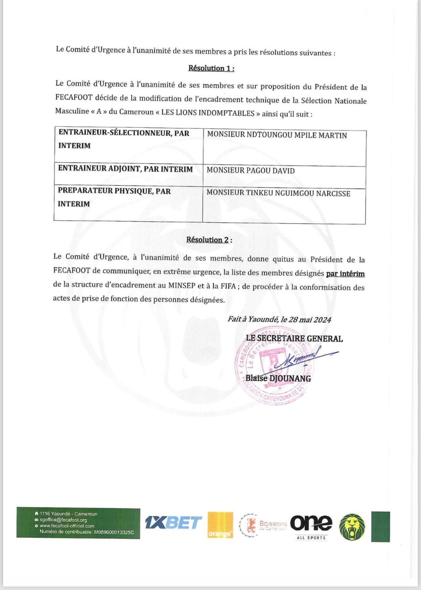 🔴🔴 #URGENT 

COMMUNIQUÉ FINAL DE LA SESSION DU COMITÉ D’URGENCE DE LA FÉDÉRATION CAMEROUNAISE DE FOOTBALL DU 28 MAI 2024.