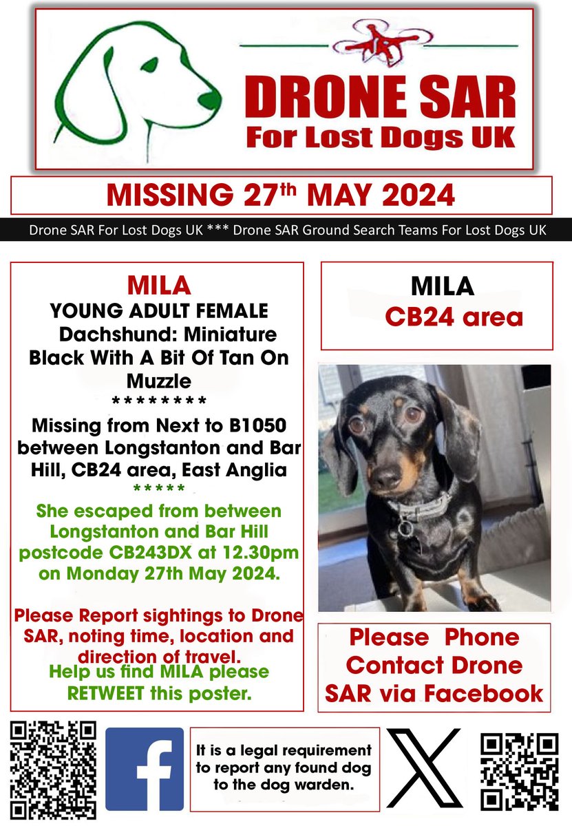 #LostDog #Alert MILA Female Dachshund: Miniature Black With A Bit Of Tan On Muzzle (Age: Young Adult) Missing from Next to B1050 between Longstanton and Bar Hill, CB24 area, East Anglia on Monday, 27th May 2024 #DroneSAR #MissingDog