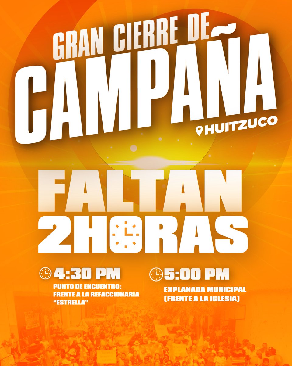¡Amigas y amigos de Huitzuco, estamos a 2 horas de nuestro gran cierre de campaña! 
Me dará mucho gusto verlos a todas y todos por allá.
¡No falten!