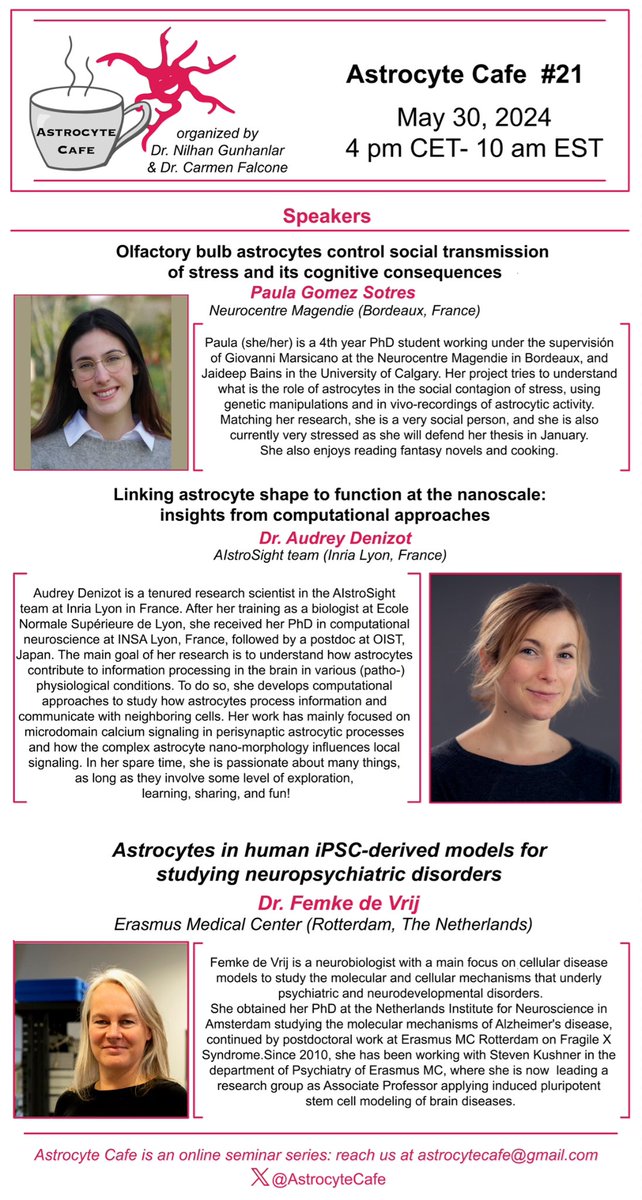 AstrocyteCafe's tweet photo. Join us this Thursday May 30th at our #AstrocyteCafe ! 

We are excited to hear the research by @Neurocuriously, @ADenizot and Femke de Vrij!🤩 https://t.co/qRJ6WjFfgc