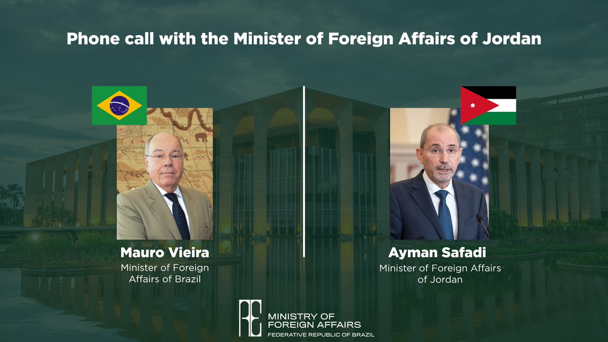 Minister Mauro Vieira 🇧🇷 spoke on the phone with Jordan’s Minister of Foreign Affairs @AymanHSafadi 🇯🇴, who offered his condolences over the floods in Rio Grande do Sul. The conversation focused on the situation in the Middle East and 🇧🇷-🇯🇴 relations.@ForeignMinistry