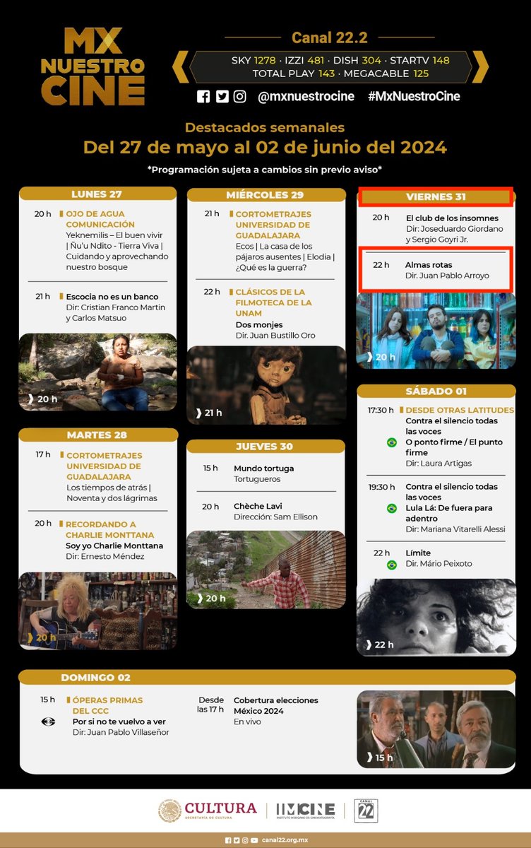 Aún no haz podido ver  Almas Rotas?

¡No pierdas la oportunidad!

<a href="/AlmasRotasFilm/">AlmasRotasFilm</a> se transmitirá este viernes 31 de mayo a  las 22:00 hrs. en MX <a href="/nuestrocinemx/">Nuestro Cine MX</a> de <a href="/Canal22/">Canal 22 México</a>

 ¡Pasa la voz!

#Cine #CineMichoacano #CineMexicano <a href="/GeiserMedia/">Geiser Media</a> #Solaris <a href="/DDisfrutarFilms/">dejarme disfrutar films</a>