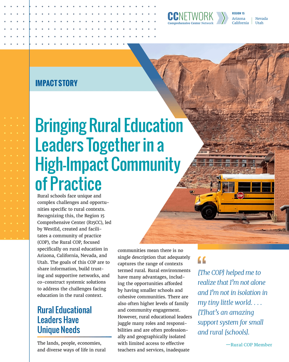 The Region 15 Comprehensive Center (R15CC) created a community of practice to give rural #edleaders a space to build a support system and co-construct systemic solutions. 🤝 Check out this impact story about facing challenges together: bit.ly/3yxElJy #RuralEd