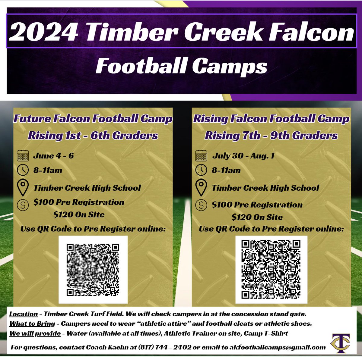 Calling ALL Future Falcons! We are 1 week away from Future Falcon Football Camp! Get pre-registered today! <a href="/TCHSFootball/">TCHS Falcon Football</a> <a href="/KISDAthletics/">Keller ISD Athletics</a>