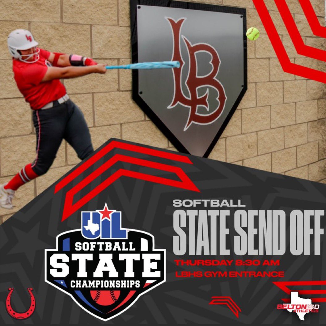 STATE SOFTBALL SENDOFF!!! Rise & shine and come send the Lake Belton Lady Broncos off in style!!! Get your horseshoes up this Thursday, May 30th at 8:30 am at the entrance of the LBHS Gym #RiseUp #uilstatesoftball #G3