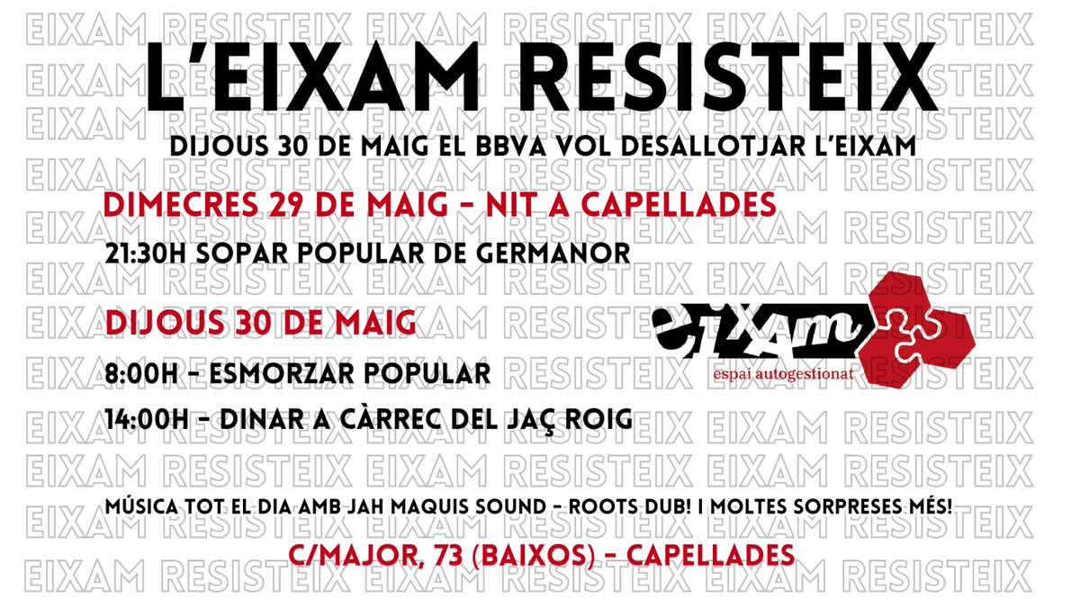 Companyes, com ja sabeu, dijous 30 de maig el BBVA vol desallotjar l'Eixam! 😡

Serà un dia obert a tothom, un dia per dir que Sí al projecte que hem construït durant aquests 3 anys i que encara li queda molt per endavant! Un dia per celebrar! ✊🏼