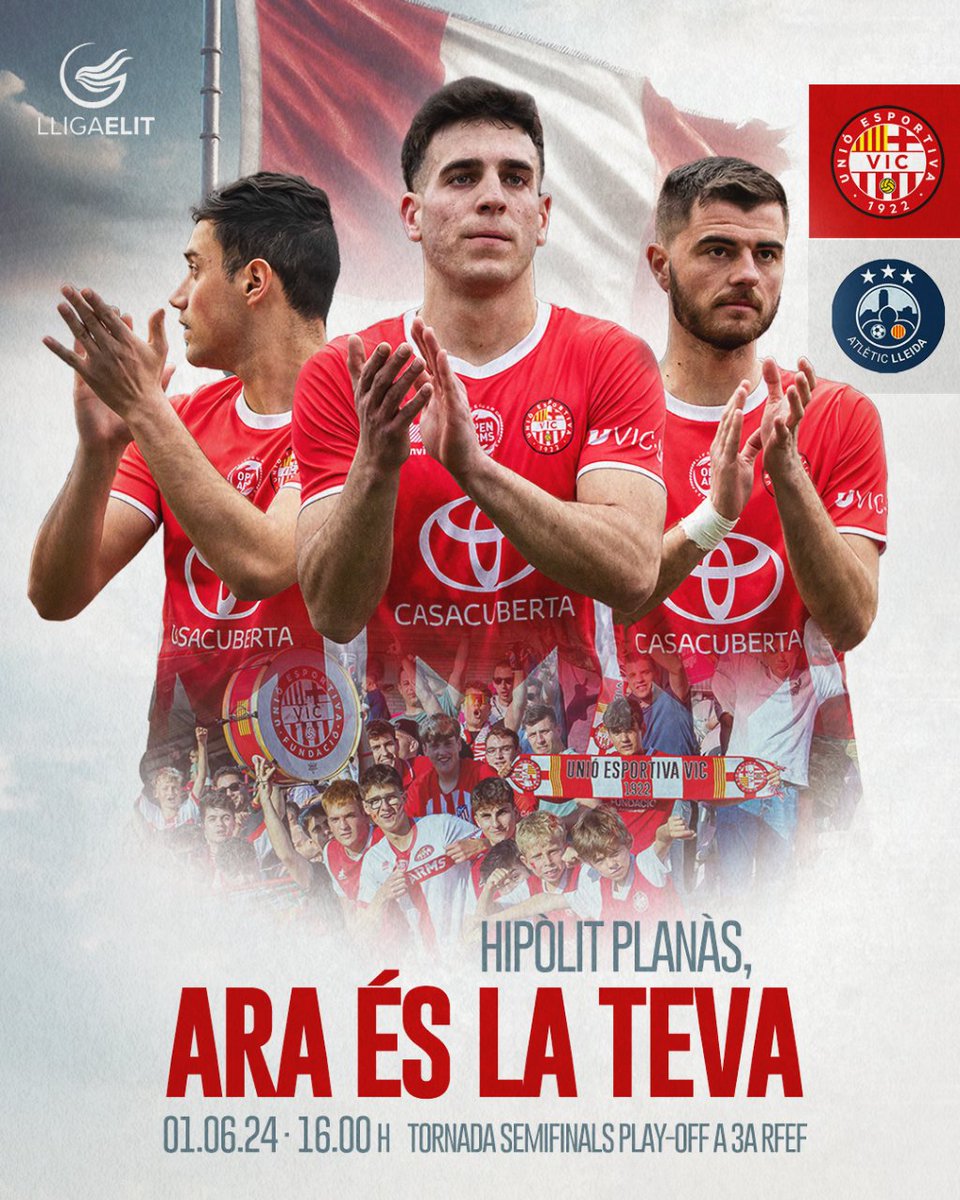 🔴 𝑷𝑳𝑨𝒀-𝑶𝑭𝑭 🔴

🆚 <a href="/Atletic_Lleida/">Atlètic Lleida</a>
⚽ Semifinals (Tornada)
📆 01.06.24 / 16.00 h
🏟️ Estadi Hipòlit Planàs

#SomUEVic 🔴⚪️
#LligaElit | #futbolcat
