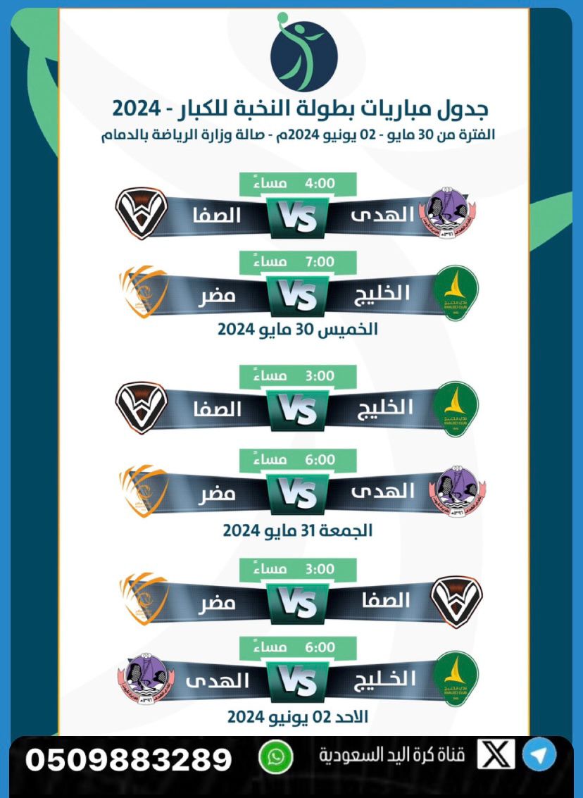 slees7's tweet photo. كرة يد السعودي 
،سؤال للاخصائين في اللياقه البدنيه
ما هي اقل راحه بين مباراة ومباراة؟
بحسبه سريعه 
الخليج سوف يلعب بعد ٢١  ساعه مباراته الثانيه
مضر بعد  ٢٣ ساعه
الصفا بعد ٢٣ ساعه
الهدى بعد ٢٦ ساعه 
سؤال 
هل لصاحب المركز الأول ميزه 
او الجدول كان بالقرعه؟ https://t.co/P2Iu2MhxnE