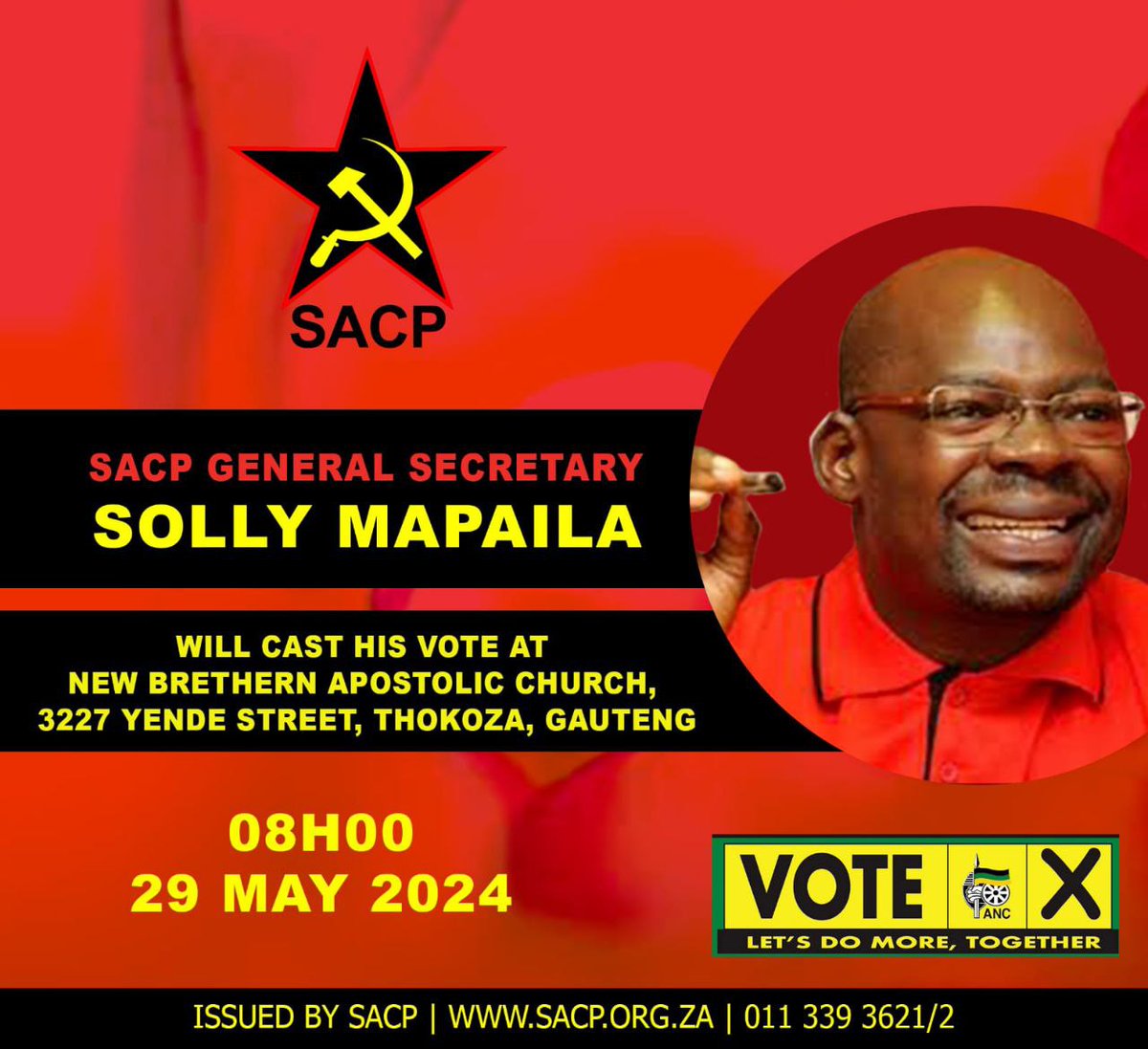 SACP General Secretary, Comrade Solly Mapaila, to cast his vote on #29May2024 in Thokoza Township, Gauteng - New Brethren Apostolic Church.

#VOTEANC29May2024 #VoteANC #VOTEANC2024 #Vote2024