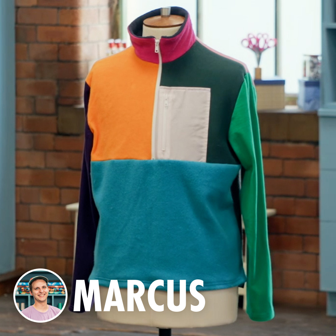 Marcus made this Pattern Challenge fleece using a piece from everyone else's fabric. What a brilliant idea! #SewingBee