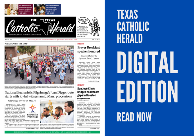 TexasCathHerald's tweet photo. The latest issue of the #TexasCatholicHerald is now online! 

• #NationalEucharisticPilgrimage makes its way to Houston, arrives May 30
• 2024 Prayer Breakfast speaker honored
• San José Clinic bridges healthcare gaps in Houston
• and more!

Read now: https://t.co/orSMB2JFps https://t.co/CmgwDTJ2gu