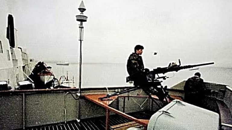 May 28th 1982: Meanwhile, at Grytviken, South Georgia, the 1/7 Gurkhas board MV Norland from the QE2. Here, anti aircraft gunners look on, 42 years ago today.