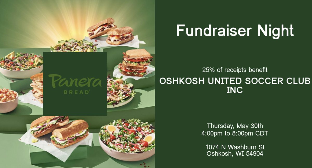 Stop and order Thursday, May 30 (4-8pm) at Panera Bread in Oshkosh - mention you are with Oshkosh United and 25% of the sales will go back to the club! We use dine out nights to help off set the cost of our VEO camera.