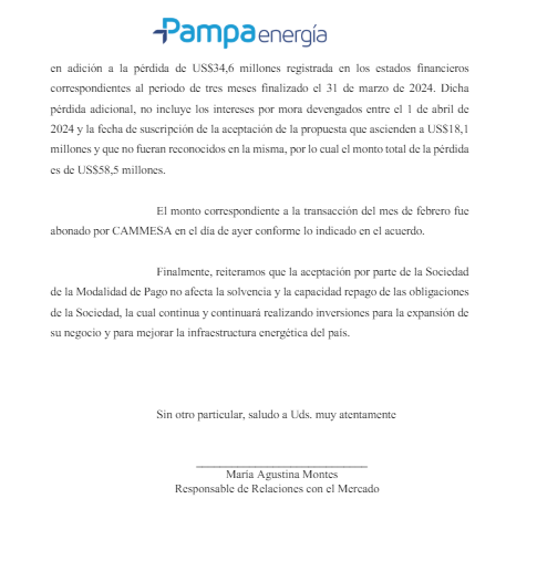 Pampa Energía comunicó oficialmente su aceptación a la oferta de Cammesa para el pago de la deuda de diciembre y enero.