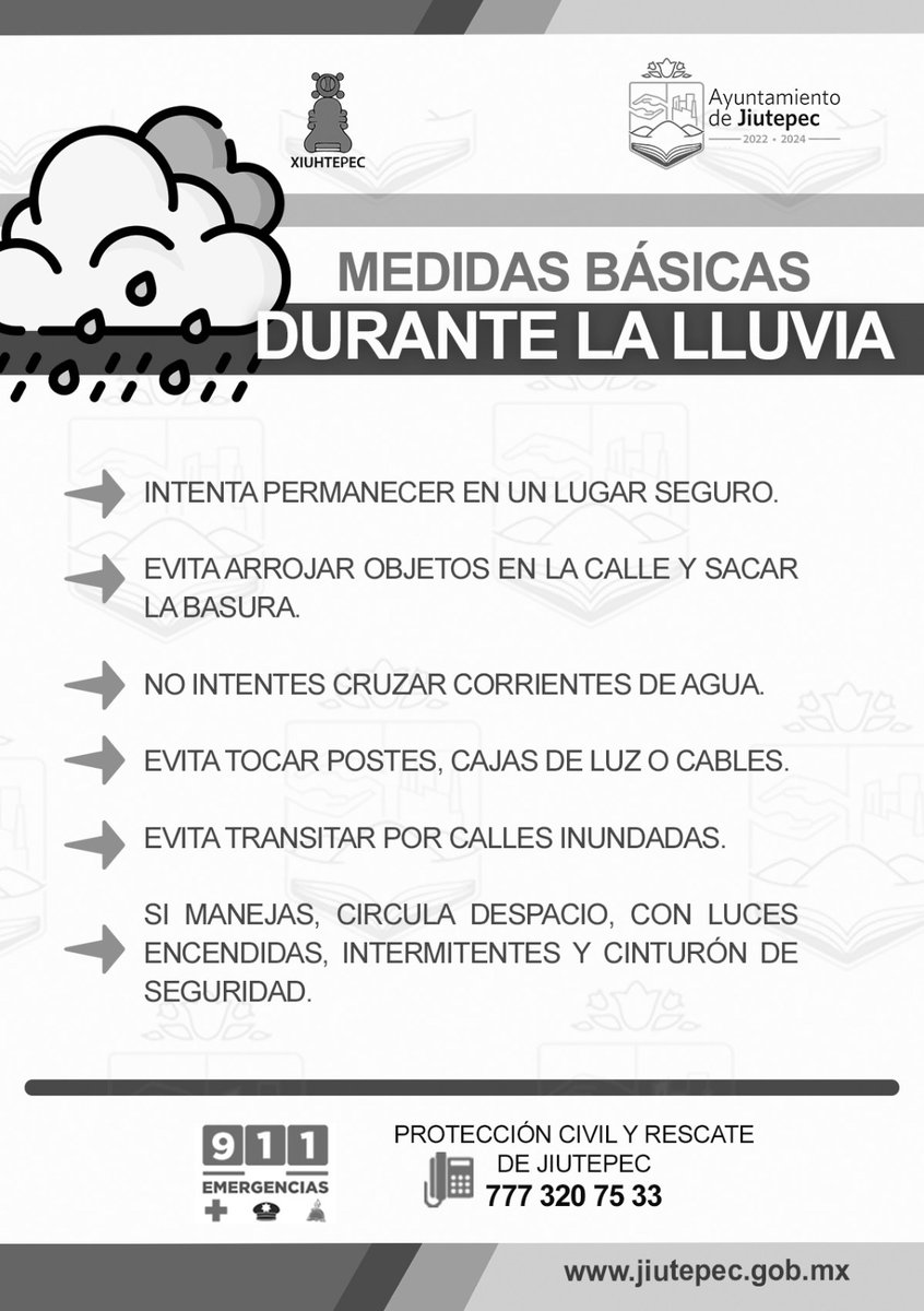 Recuerda que la temporada de lluvias inició el pasado 15 de mayo, por lo que las siguientes recomendaciones que te hace el Gobierno de #Jiutepec están destinadas a prevenir contratiempos o accidentes. 'Material informativo'