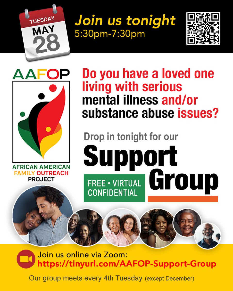 Receive free, virtual, and confidential mental health support by joining the African American Outreach Project's virtual support group tonight at 5:30 pm! Your health comes first! #mentalhealth #substanceabuse