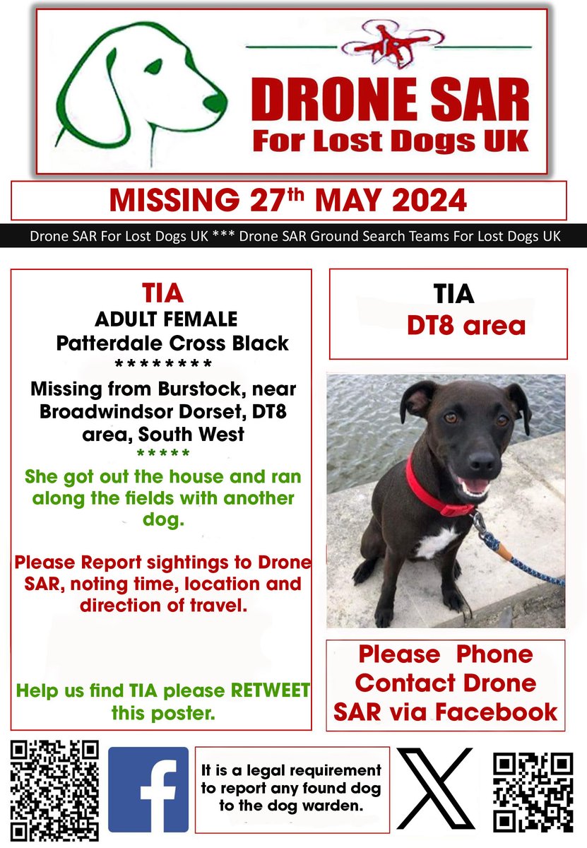 #LostDog #Alert TIA Female Patterdale Cross Black (Age: Adult) Missing from Burstock, near Broadwindsor Dorset, DT8 area, South West on Monday, 27th May 2024 #DroneSAR #MissingDog