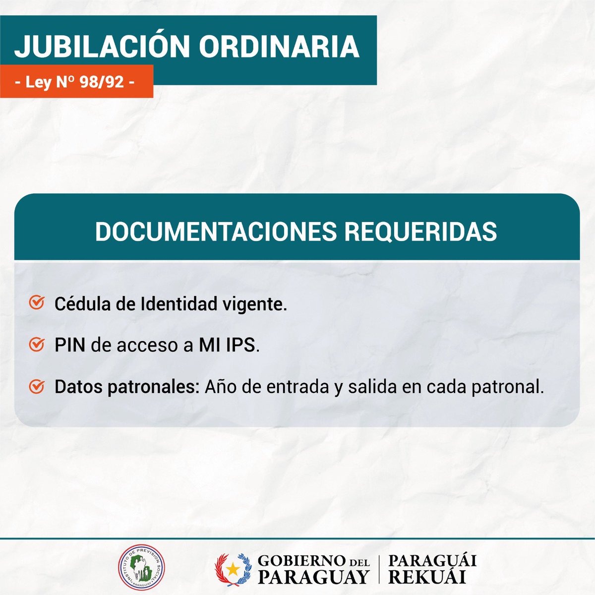 IPSParaguay's tweet photo. ➡️ Información Importante sobre la Jubilación.

La jubilación es el momento en que dejas atrás la vida laboral y comenzas a disfrutar de tus años dorados. 
Aquí te dejamos los requisitos para acceder a la jubilación ordinaria: https://t.co/ZIAjQ5L2tW