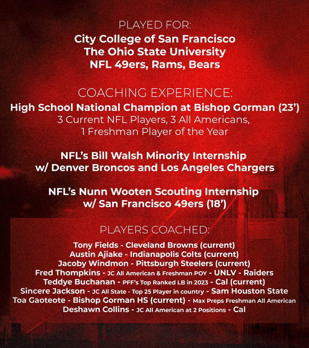 City College of San Francisco Football (@ccsffootball) on Twitter photo Larry Grant (<a href="/LarryGrant95/">Larry Grant</a>) is our new Defensive Coordinator and Associate Head Coach. Welcome back LG!
#NoPlaceLikeCity | 🌉 Larry Grant (<a href="/LarryGrant95/">Larry Grant</a>) is our new Defensive Coordinator and Associate Head Coach. Welcome back LG!
#NoPlaceLikeCity | 🌉