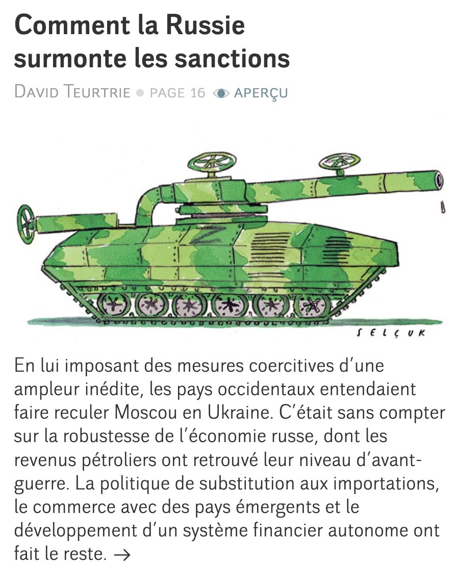 Retrouvez mon article 'Comment la #Russie surmonte les #sanctions' publié par @Monde_diplo dans son numéro de juin. monde-diplomatique.fr/2024/06/TEURTR…