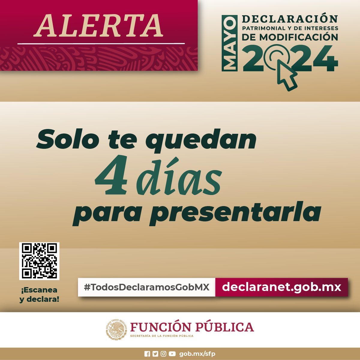 Persona servidora pública federal: 🚨Te quedan #4Días para presentar tu #DeclaraciónPatrimonial y de intereses en modalidad de modificación 2024.🚨 #DeclaraYa 🔗 declaranet.gob.mx #DeclaraNet2024 #TodosDeclaramosGobMx