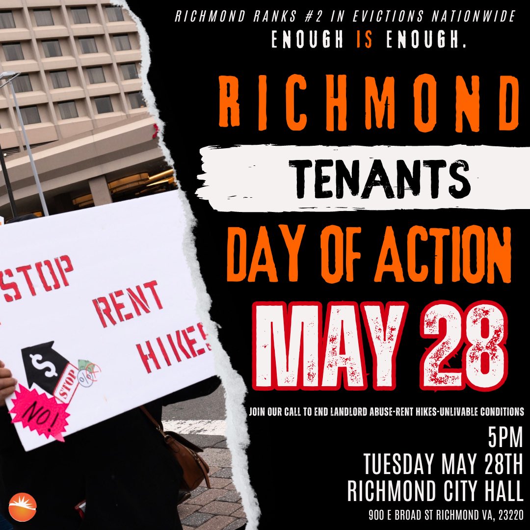 🚨Richmond is #2 in evictions nationwide. That is why TODAY, Richmond tenants are mobilizing in front of City Hall to demand rental assistance, utility assistance, eviction protection, and maintenance enforcement from the city. #EnoughIsEnough #RichmondTenantsRights