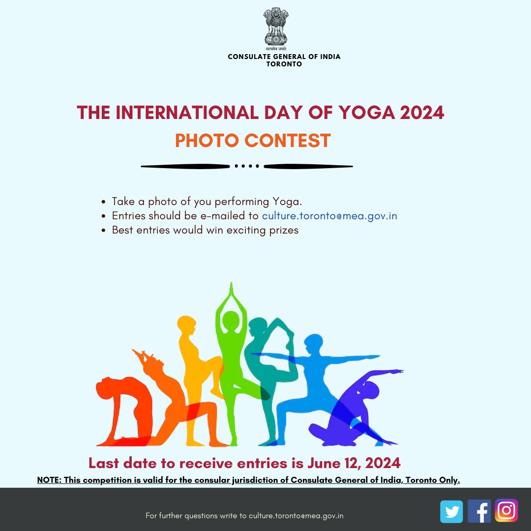 @IndiainToronto is organising a Yoga Photo Contest to celebrate 10th #InternationalDayofYoga2024

Contest will be held in two categories👇
Category 1: Age 6-12 years
Category 2: Age 12-18 years
Last date👉June 12, 2024

Prizes will be given to winning entries!