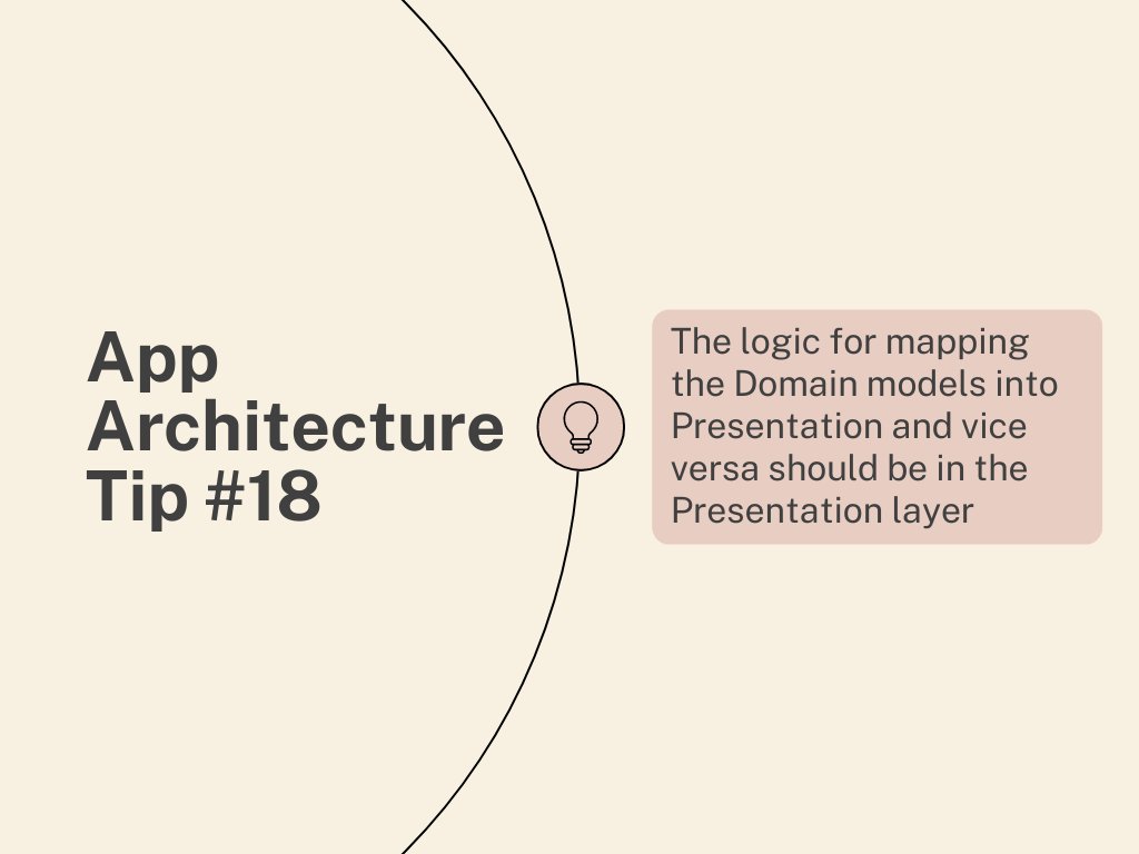 mkhytar's tweet photo. The logic for mapping the Domain models into Presentation and vice versa should be in the Presentation layer. Models in this layer can be platform-dependent (e.g. Parcelable) and be more UI-specific.
#androiddev #architecture #domain #presentation https://t.co/MfQiTzwWJr