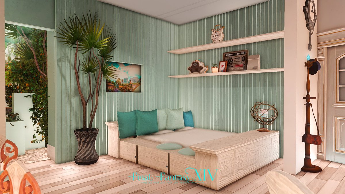 「a little bedroom」 個人宅を狭くて落ち着けるベッドルームに改装～！ 冒険から帰ってきた自機がゆっくり安らげる空間だといいなというコンセプトです。セレストグリーンを基調に緑多めのさわやかな寝室になったかなと思います🙌 Zeromusミスト22区42番 #FF14ハウジング #FF14Housing #HousingEden
