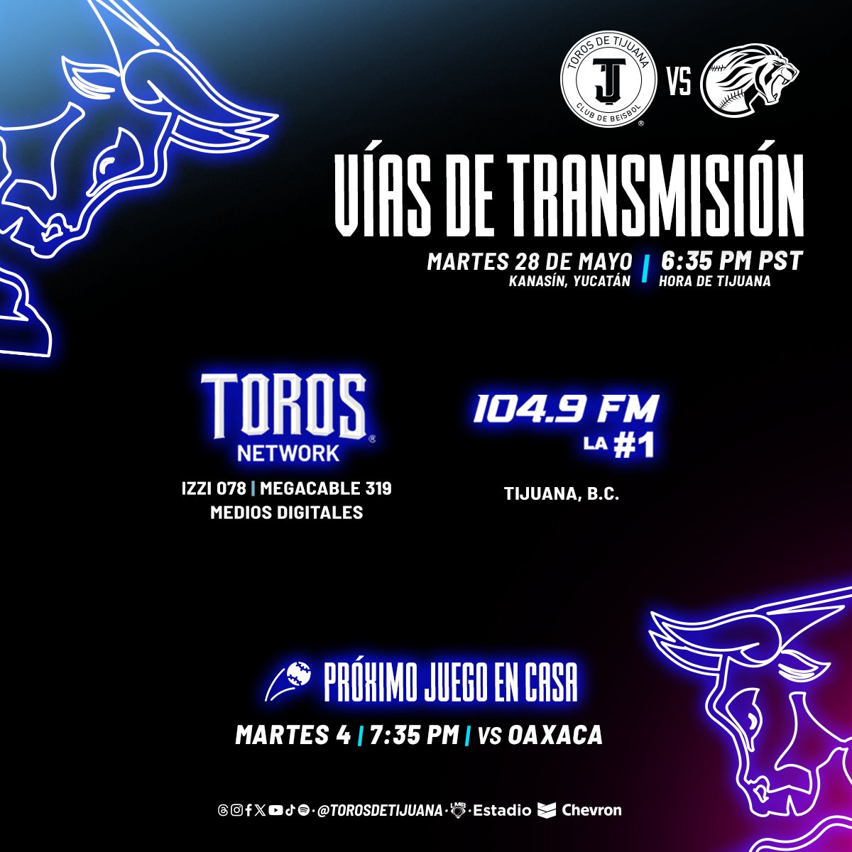 ¡HOY VOLVEMOS AL TERRENO DE JUEGO! ¡En vivo desde Kanasín, Yucatán enfrentamos a los Leones en el primero de la serie! #TorosAquí🐃📍