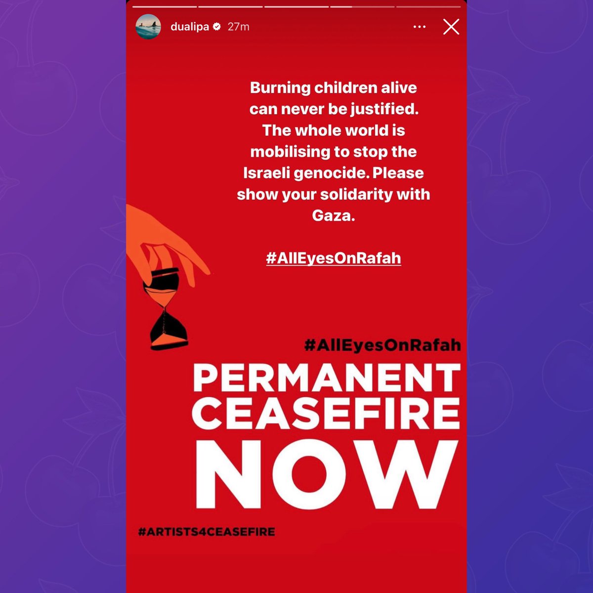 PopBase's tweet photo. Dua Lipa calls for a ceasefire in Gaza:

“Burning children alive can never be justified. The whole world is mobilising to stop the Israeli genocide. Please show your solidarity with Gaza.” https://t.co/AKpNNs0GFq