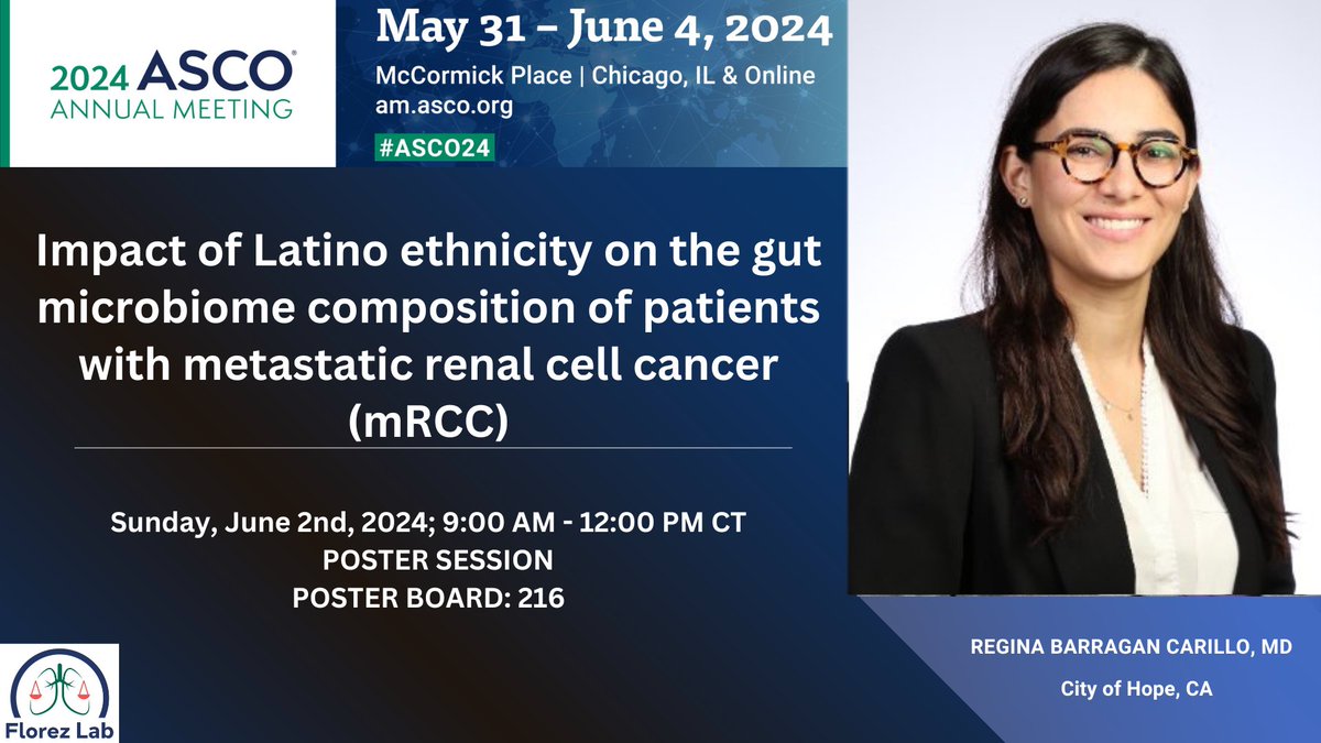 🗓️Save the date for this exceptional poster presentation on the Impact of #Latino ethnicity on the gut microbiome composition of patients with metastatic renal cell cancer #mRCC by Dr. @ReginaBarCar at #ASCO24‼️ 🗓️Sun. June 2nd, 2024; Poster Board 216 meetings.asco.org/abstracts-pres…