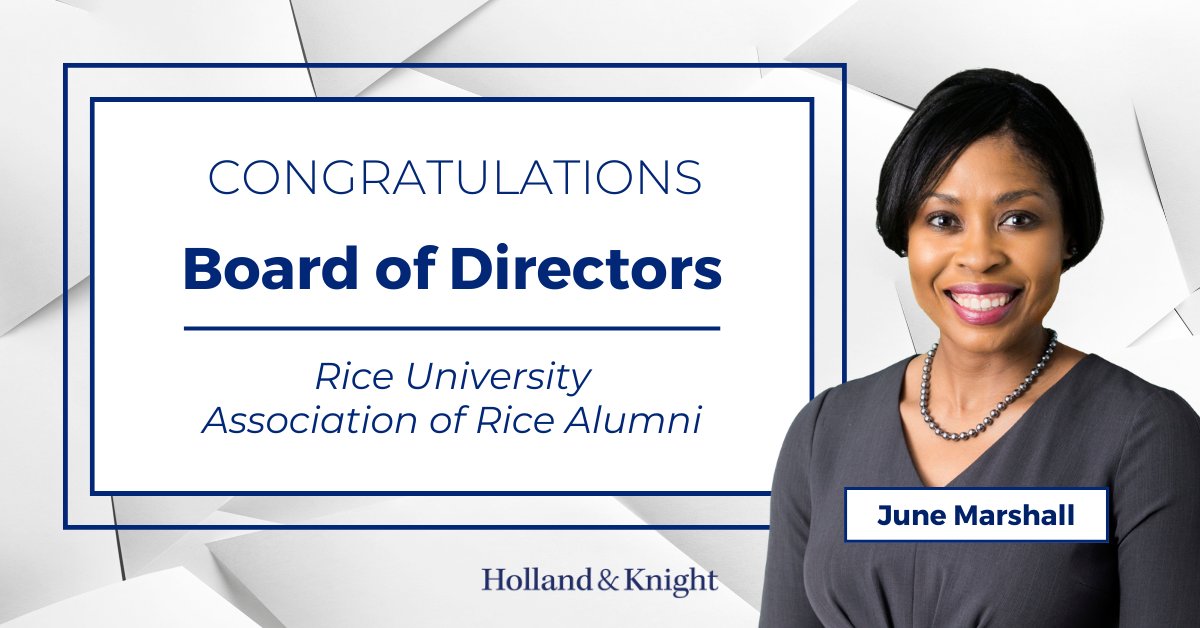 Pleased to share that #RealEstate attorney June Marshall (@JuneLM) has been named a member of the board of directors of @RiceUniversity's Association of Rice Alumni. June practices in our #WashingtonDC office and has extensive experience in multifamily and mixed-use real estate
