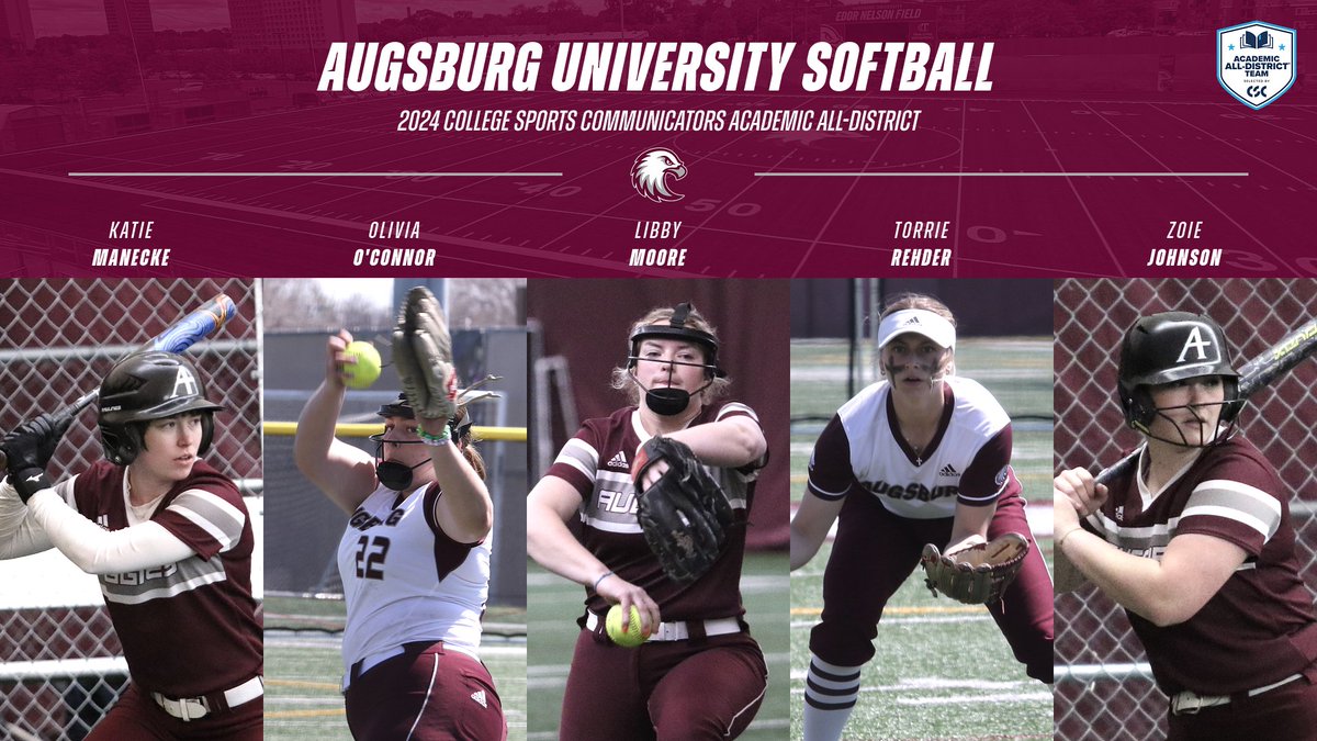 Congratulations to Augsburg's Zoie Johnson, Katie Manecke, Libby Moore, Olivia O'Connor & Torrie Rehder on earning College Sports Communicators Academic All-District softball honors! Story: athletics.augsburg.edu/news/2024/5/28… #d3sb #AuggiePride #StudentAthlete @AcadAllAmerica