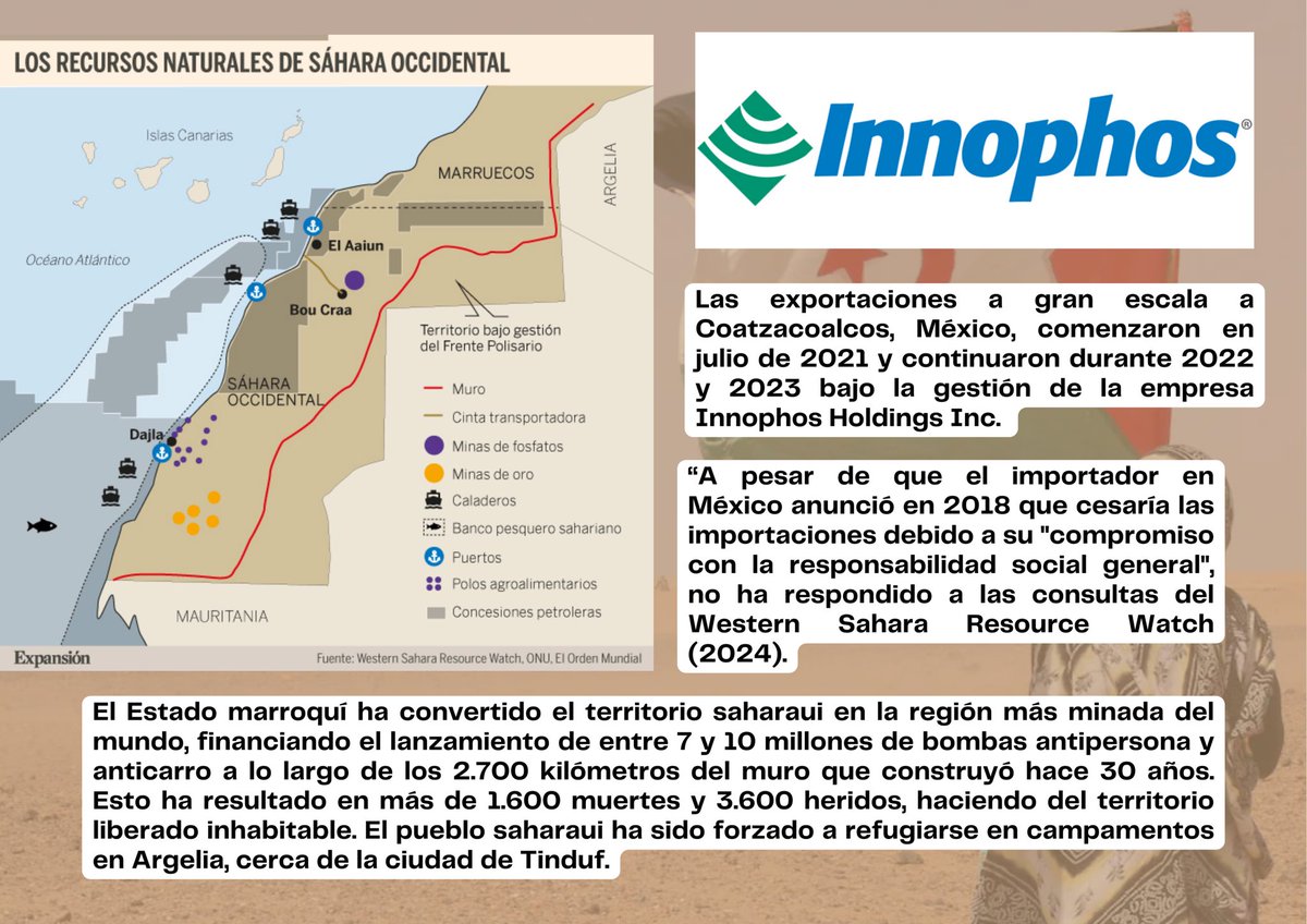 apmcuanalo's tweet photo. Saqueo ilegal de fosfato en territorio saharaui y su impacto ambiental
Elaborado a partir del último informe del @wsrw 
@EmbajadaRASDMex  @Sahara_1951 @RASDMexico @fffmex https://t.co/UzQTXiEOMb